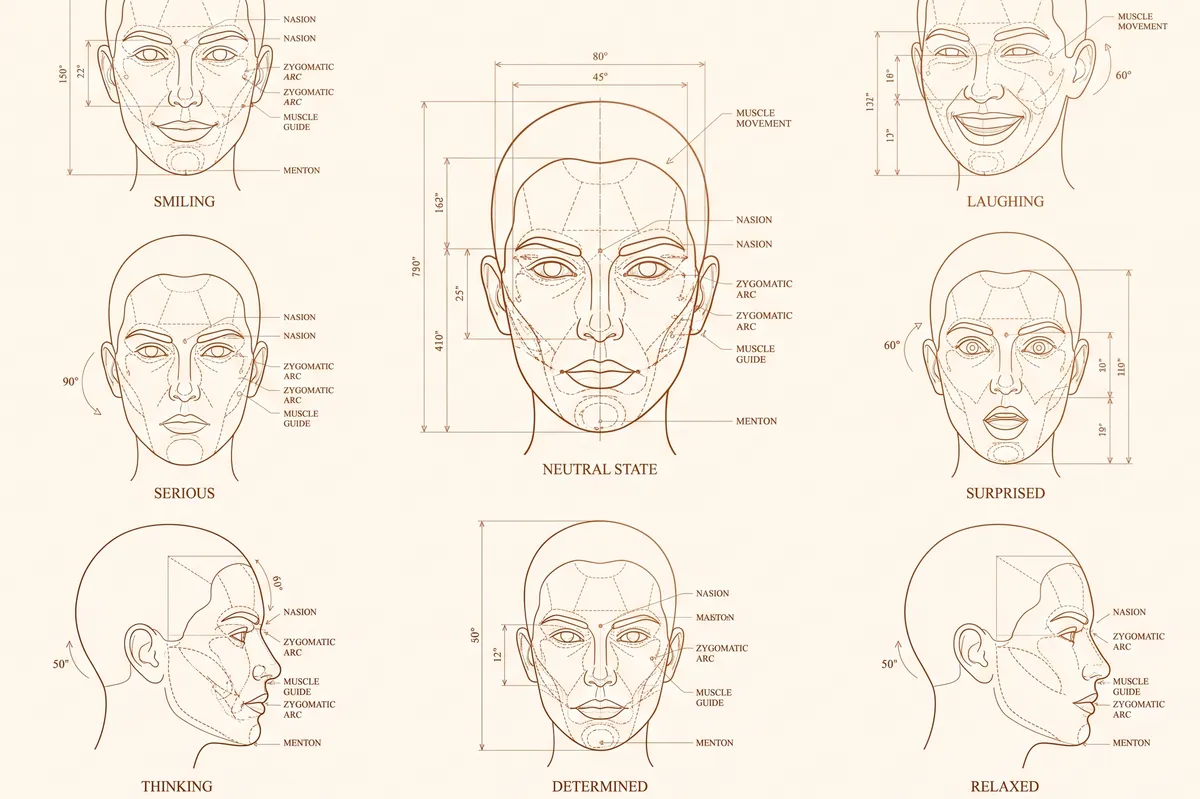 Annotated drawings of one face in eight expressions, from smiling to thinking