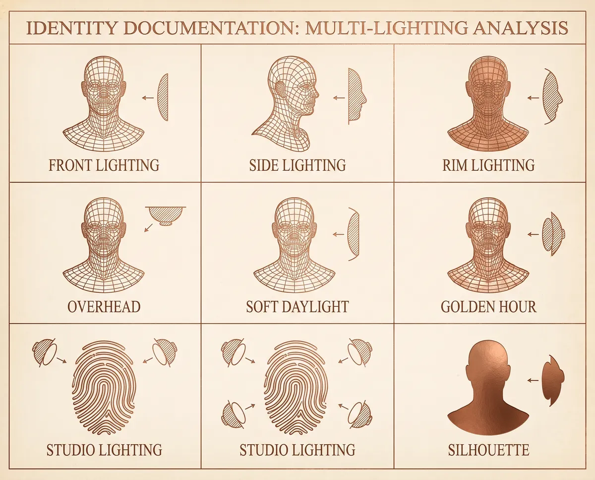 Wireframe heads under front, side, rim, overhead and golden-hour lighting