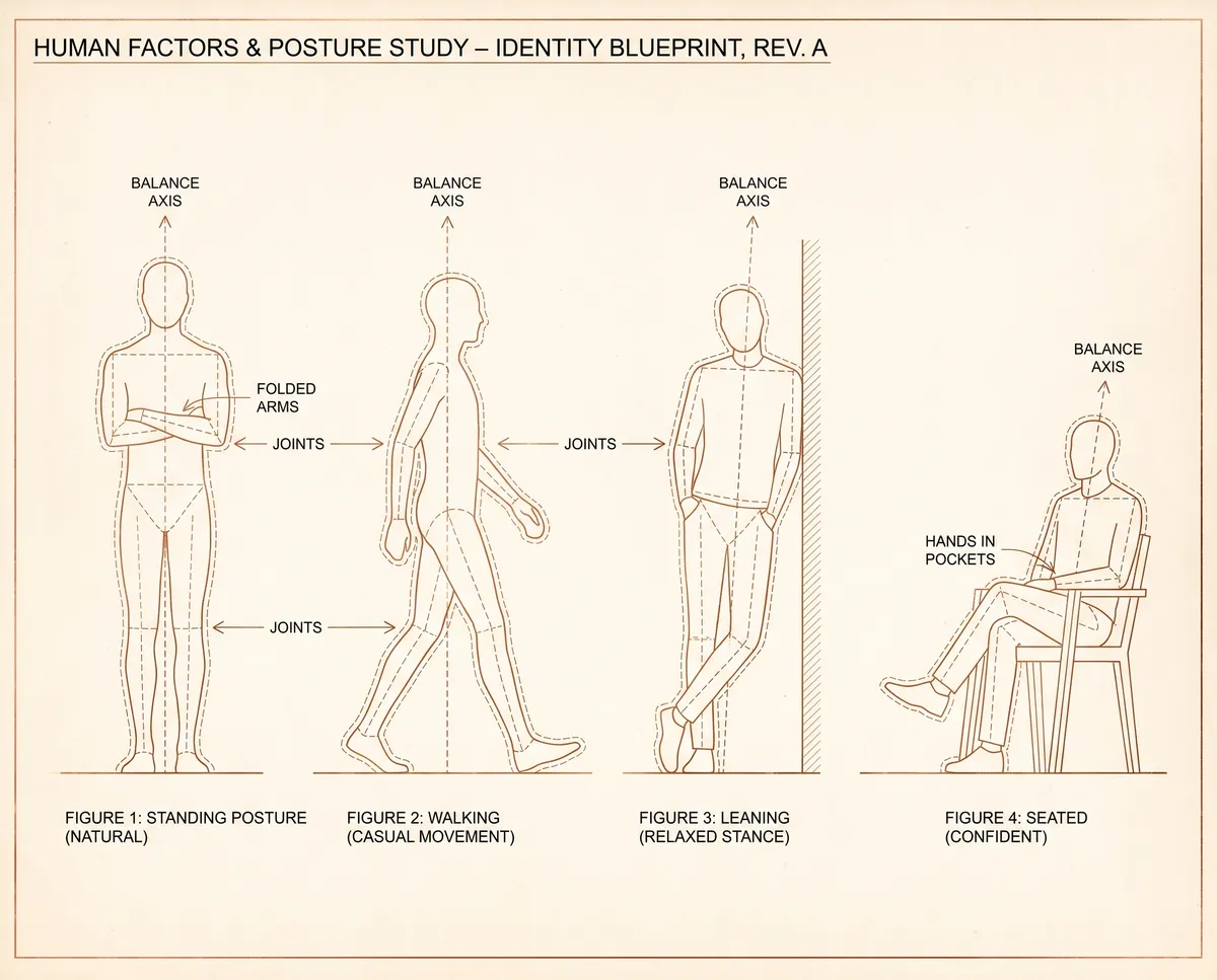 Line drawings of a figure standing, walking, leaning and seated, annotated with balance axes and joints