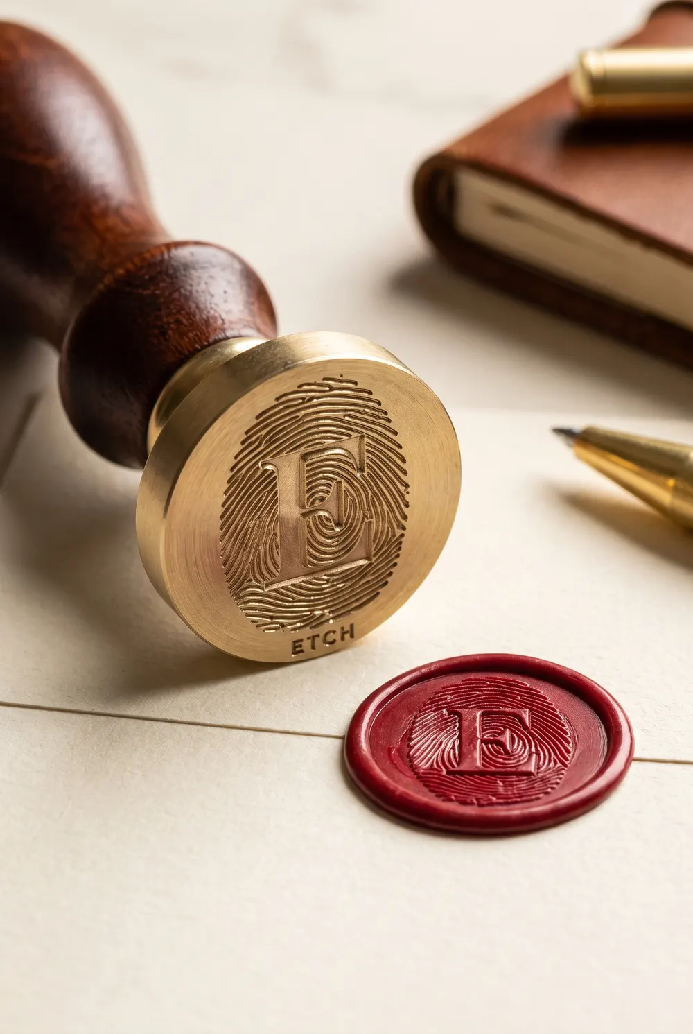 A brass seal stamp engraved with the ETCH fingerprint-E, beside a red wax impression